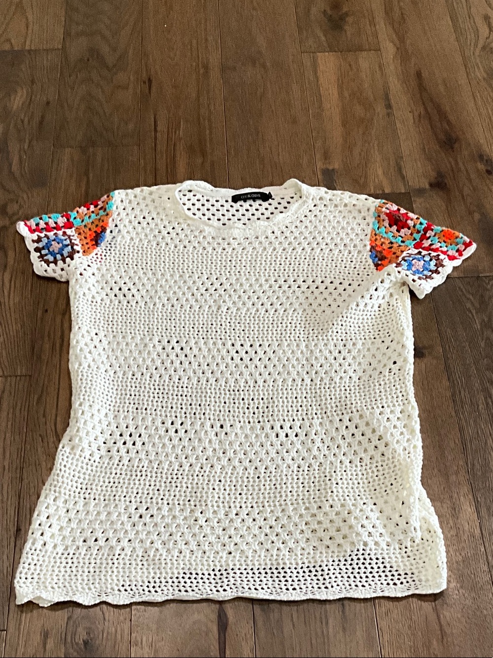 White Crochet Swim Coverup with Multicolor Crochet Sleeves